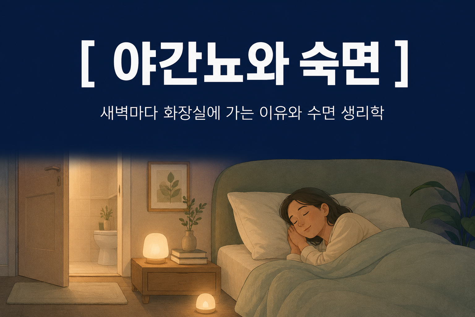 어두운 인디고 배경 상단에 한글로 "[ 야간뇨와 숙면 ]"이라는 타이틀과 "새벽마다 화장실에 가는 이유와 수면 생리학"이라는 부제가 적혀 있고, 하단에는 은은한 바닥 미등이 켜진 따뜻한 침실에서 편안히 잠든 사람의 손그림 일러스트가 담긴 깊은잠 연구소의 웰니스 매거진 썸네일 이미지.