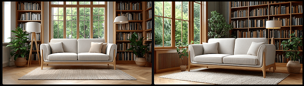 공간 연출, OREF로 고정된 쇼파가 파노라마 창가에 배치된 독서 라운지, 책장과 현대적인 플로어 램프가 어우러진 평화로운 분위기 이미지_Midjourney