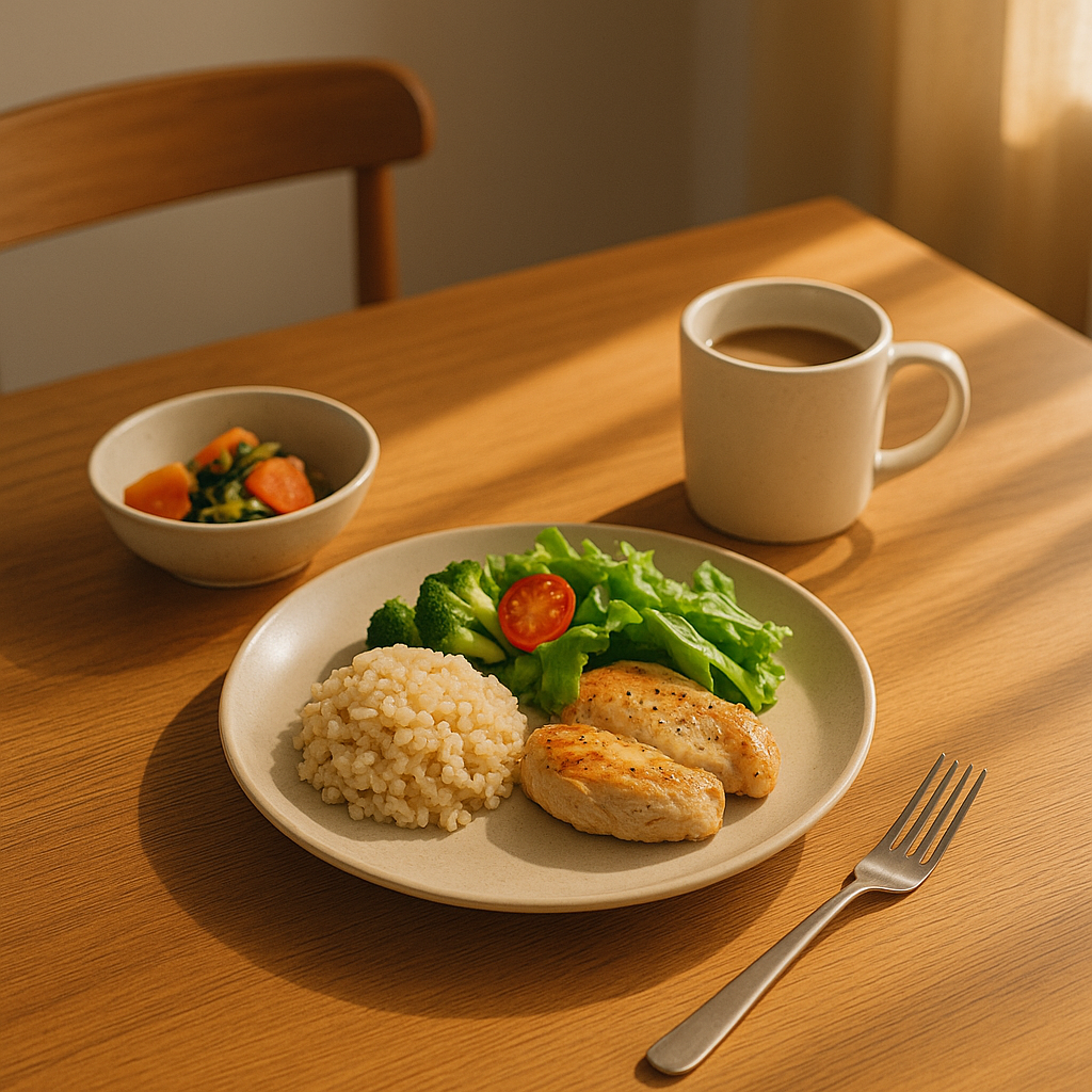 식사 시간을 중심으로 한 하루 루틴의 안정감과 균형 잡힌 일상을 상징하는 이미지