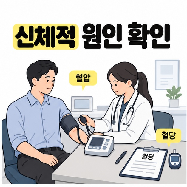 의료진이 성인 남성의 혈압을 측정하고 책상 위에 혈당 확인 자료를 놓은 그림