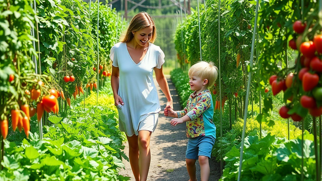 자연속의 엄마와 어린이가 산책하는 모습