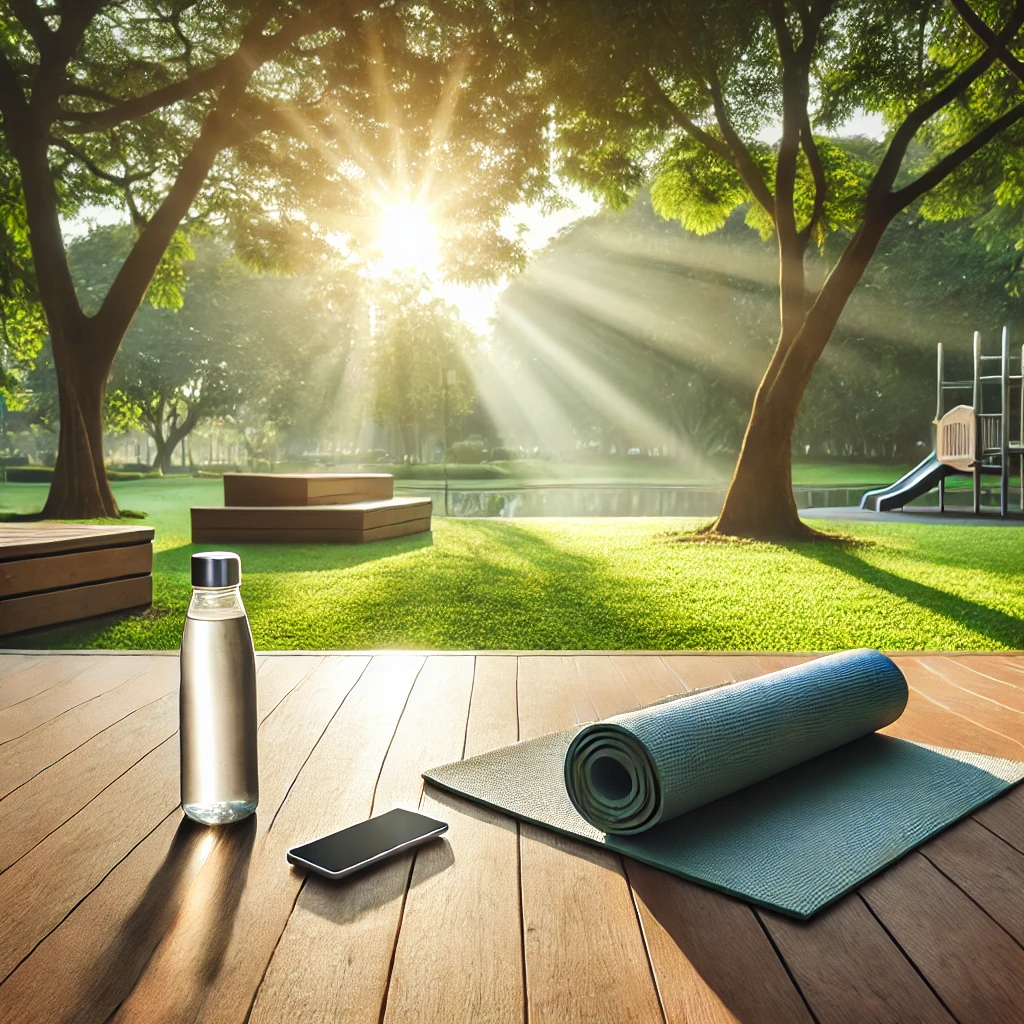 "아침 운동을 위한 평온한 공간: 요가 매트와 물병이 놓인 공원에서 햇살과 함께 가볍게 스트레칭하는 건강한 시작"