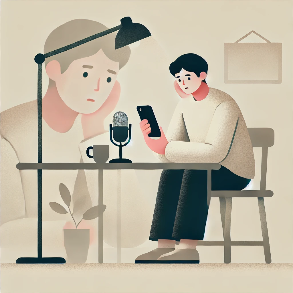 상대방 모르게 대화를 녹음할지 고민하며 스마트폰을 바라보는 사람의 감성 일러스트