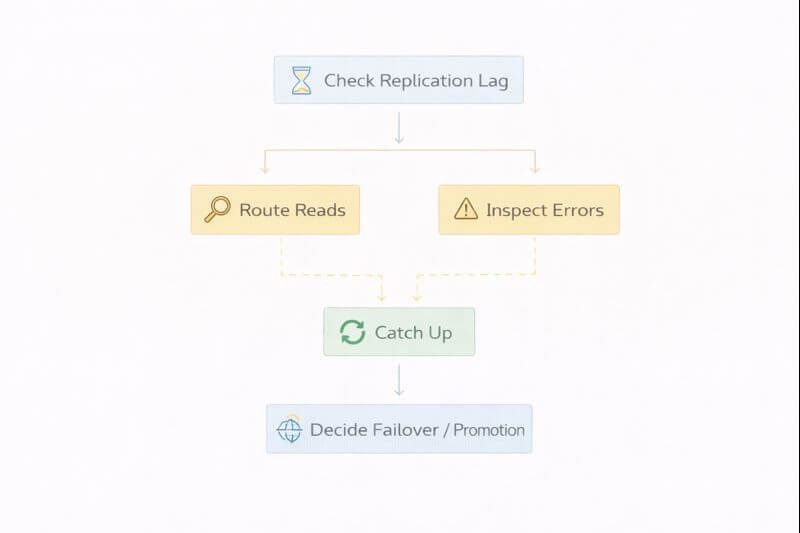 복제 지연 확인에서 시작해 읽기 라우팅 조정, 오류 확인, 복구 또는 승격으로 이어지는 절차를 단계로 정리한 흐름도이다.