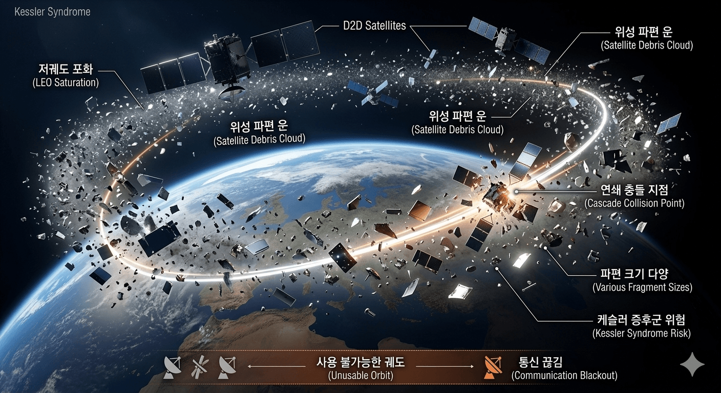 저궤도를 가득 채운 위성과 파편들의 연쇄 충돌 위험성을 보여주는 시각