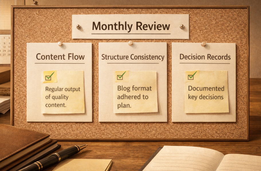 콘텐츠 흐름과 운영 기록을 점검하는 월간 블로그 운영 리뷰 보드