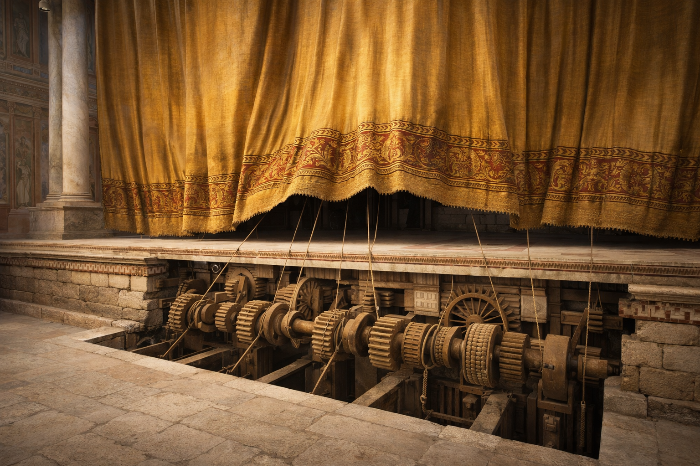 바닥에서 올라오는 로마식 무대 막 아울라에움의 메커니즘