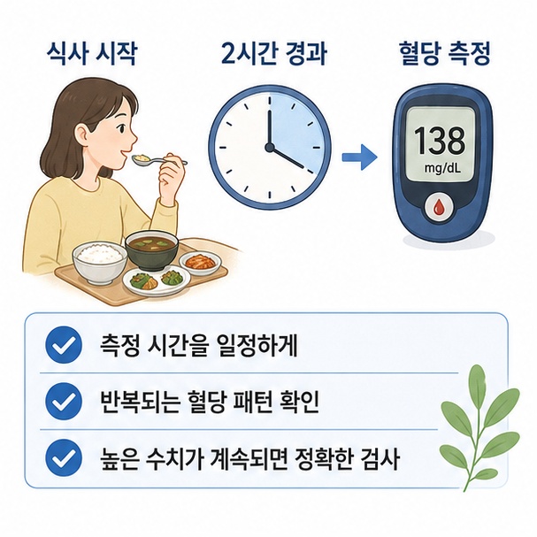 첫 숟가락부터 2시간을 계산해 같은 시점에 혈당을 측정하고 높은 수치가 반복되면 정확한 검사를 받는 과정을 보여 주는 그림