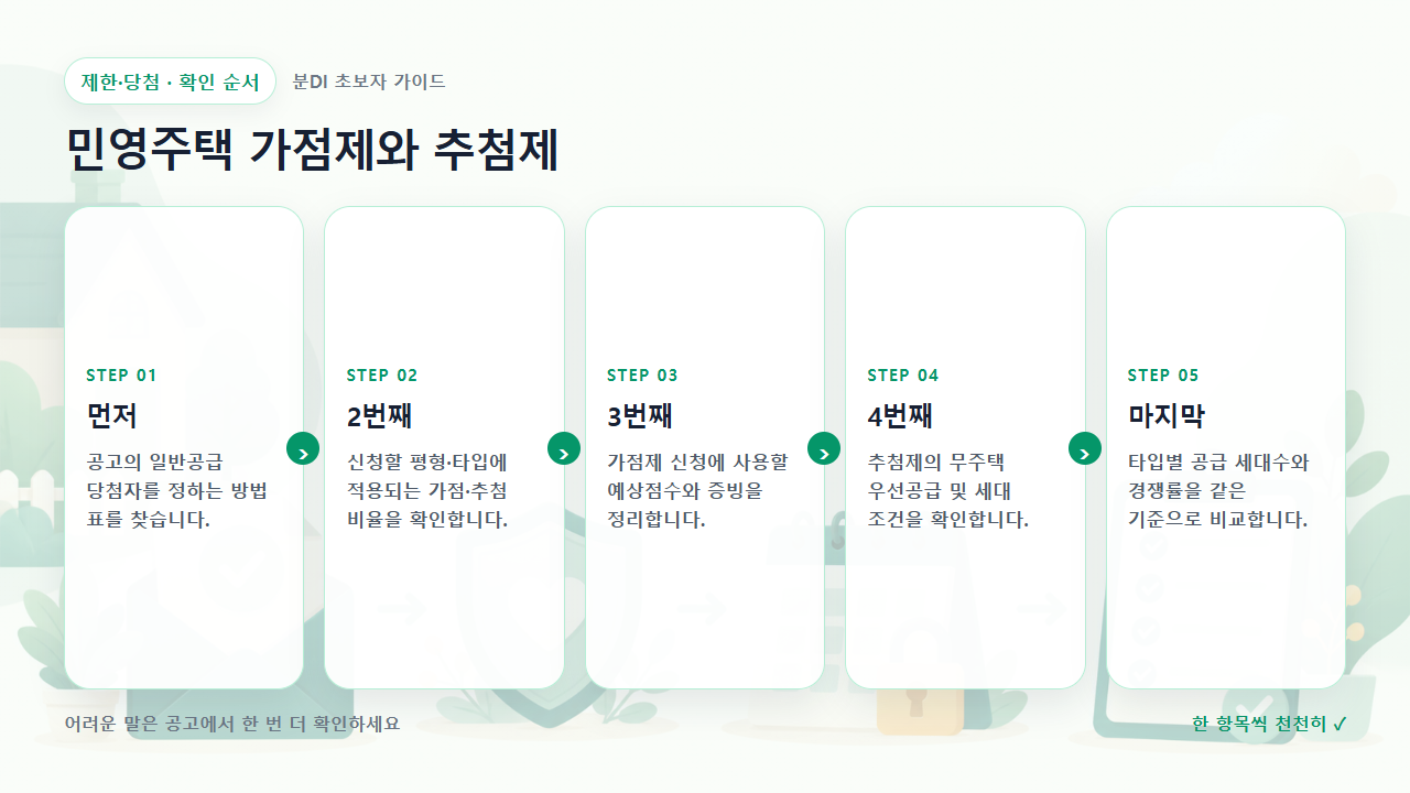 민영주택 가점제와 추첨제 확인 순서를 다섯 단계로 보여주는 흐름도