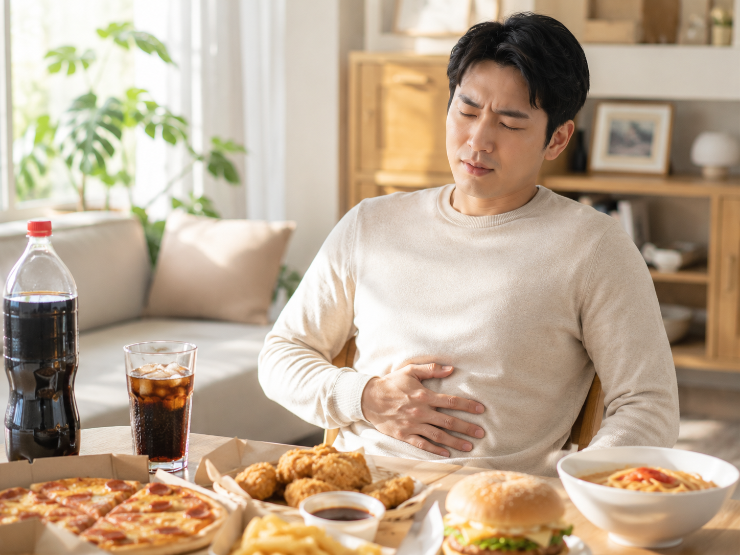 과식과 기름진 음식으로 속이 더부룩한 상황을 표현한 이미지