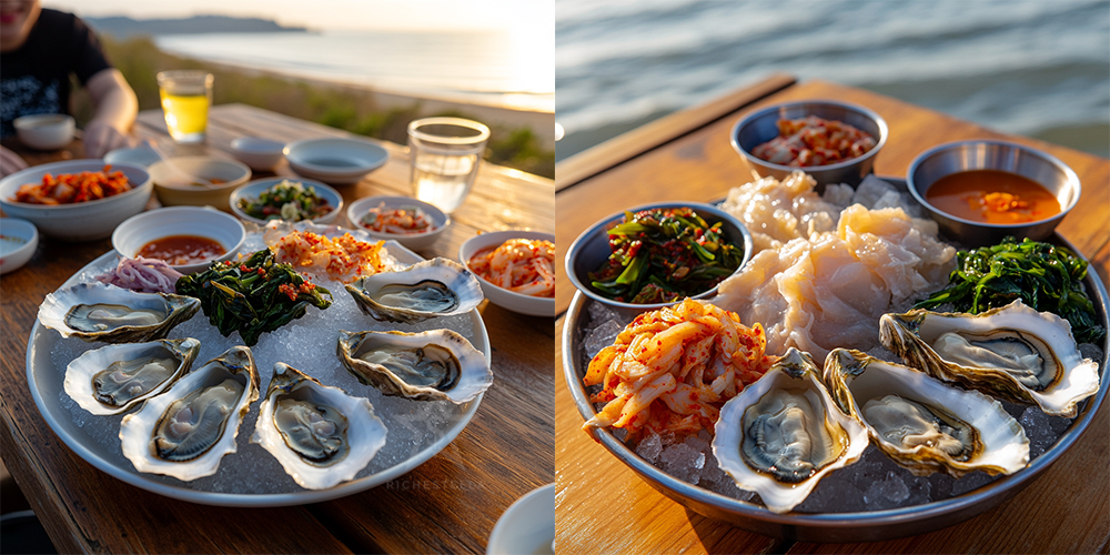 바닷가에서 먹는 생굴 요리