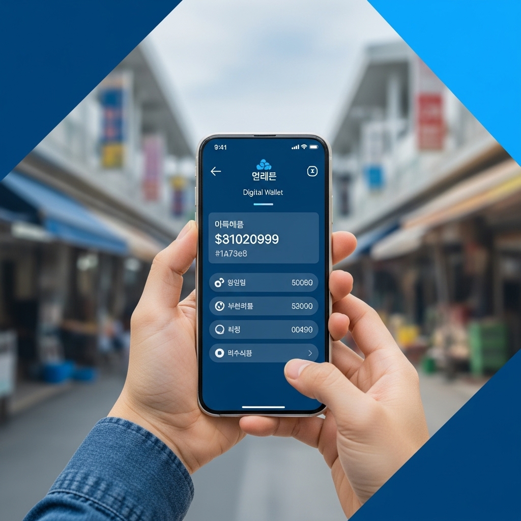 스마트폰으로 민생지원금 잔액을 확인하는 모습과 전통 시장 배경, 현명한 소비 관리를 상징함.