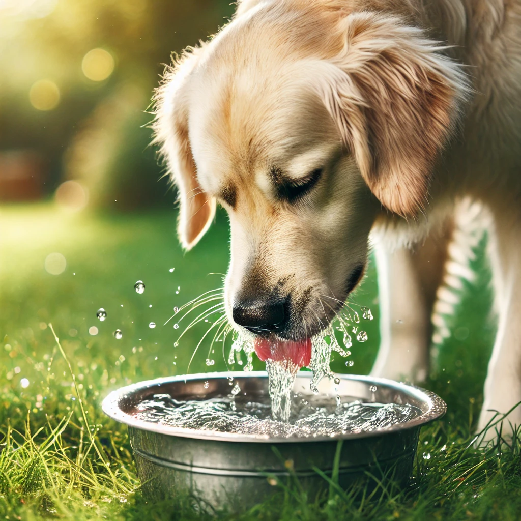 야외에서 스테인리스 물그릇으로 물을 마시는 골든 리트리버