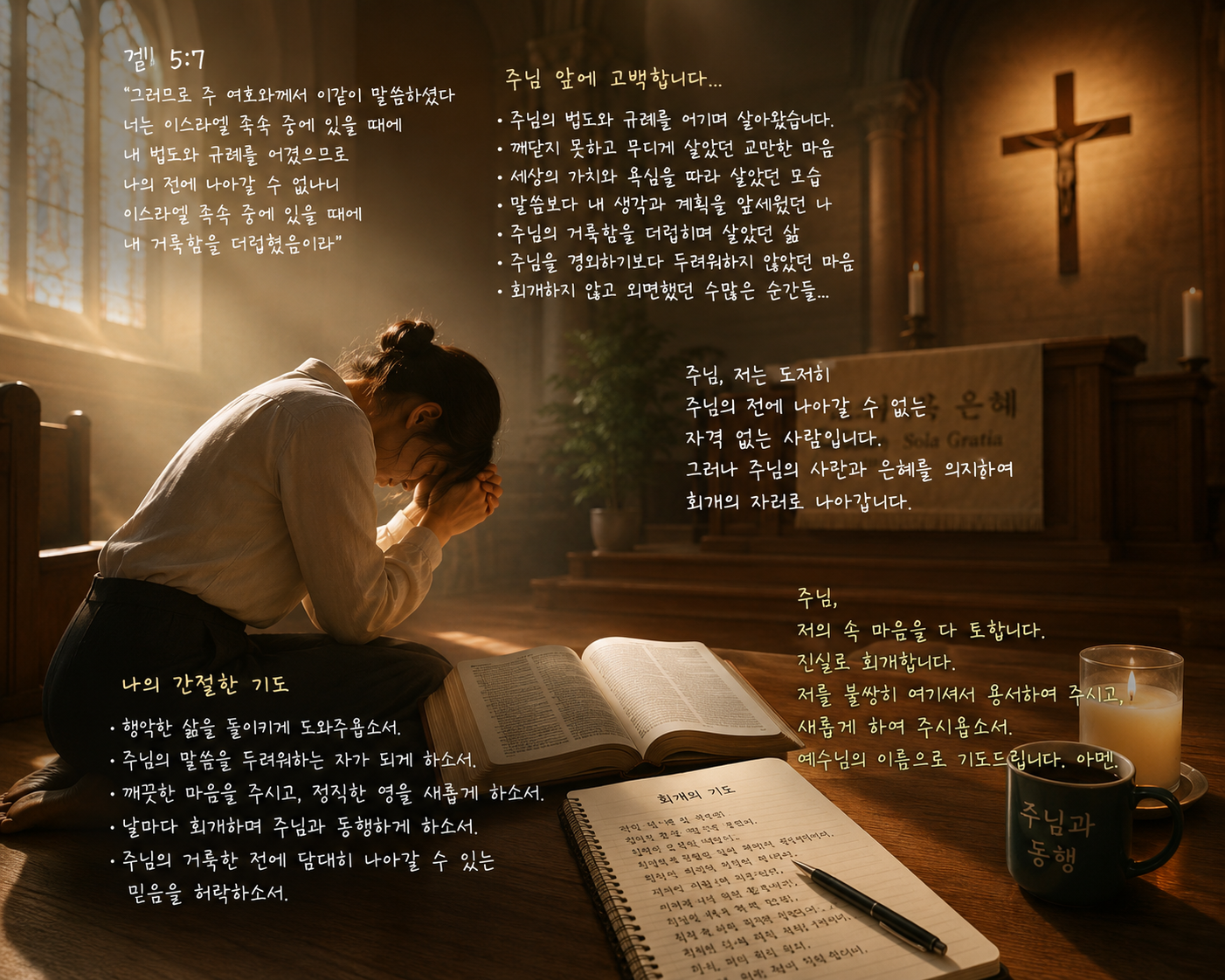 겔 5:7 말씀에서 주님께서는 내가 주님의 법도와 규례를 어기면서 살아온 삶임을 생각할 때 자백이 되었고, 주님의 전에 나아갈 수 없는 자격없는 자임을 인지하며 늘 깨어서 주님의 말씀을 두려워할 수 있고, 주님의 법을 두려워 떠는 자가 되어야 함을 생각해야 할 것을 생각하게 되었습니다. 진실로 저 자신을 돌아보며, 깨끗한 마음을 가지고 진실로 자백하는 영역에서 성장이 있고, 회개하는 자리에 나아가야 할 것을 적용하겠습니다.