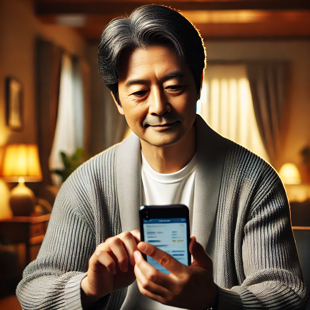 집에서 보험앱 확인하는 남성