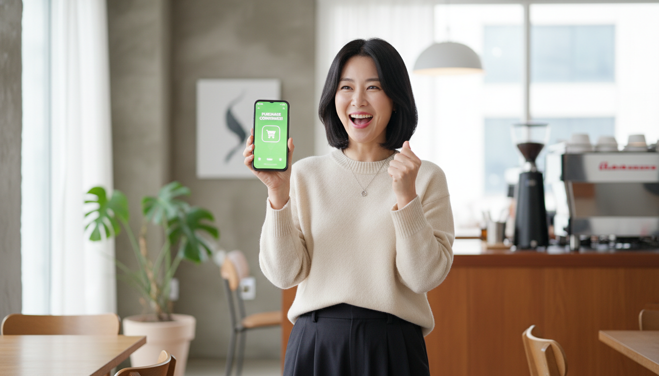 숙박세일 페스타 쿠폰 발급 성공 메시지를 보고 기뻐하는 한국 여성.