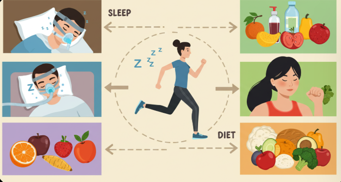 침대에서 옆으로 누워 자는 사람, CPAP 마스크를 쓴 모습, 운동하는 사람, 건강한 식단, 인포그래픽 스타일