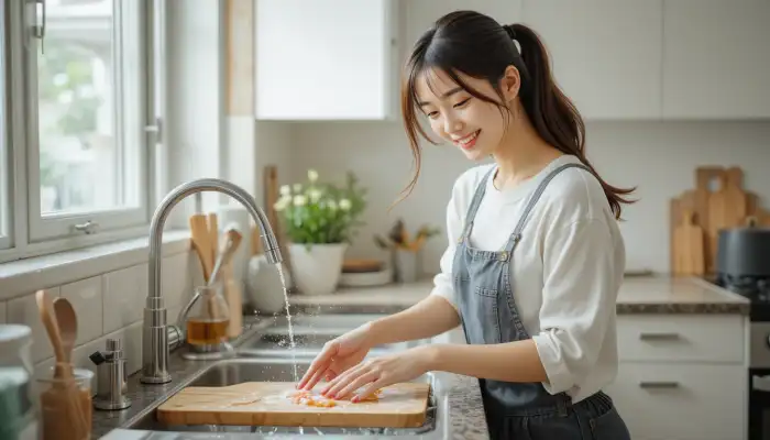 주방도구를 세척하는 여성