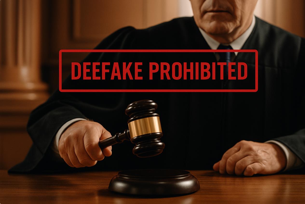 판사가 법정을 배경으로 딥페이크 금지 문구를 내세운 장면.