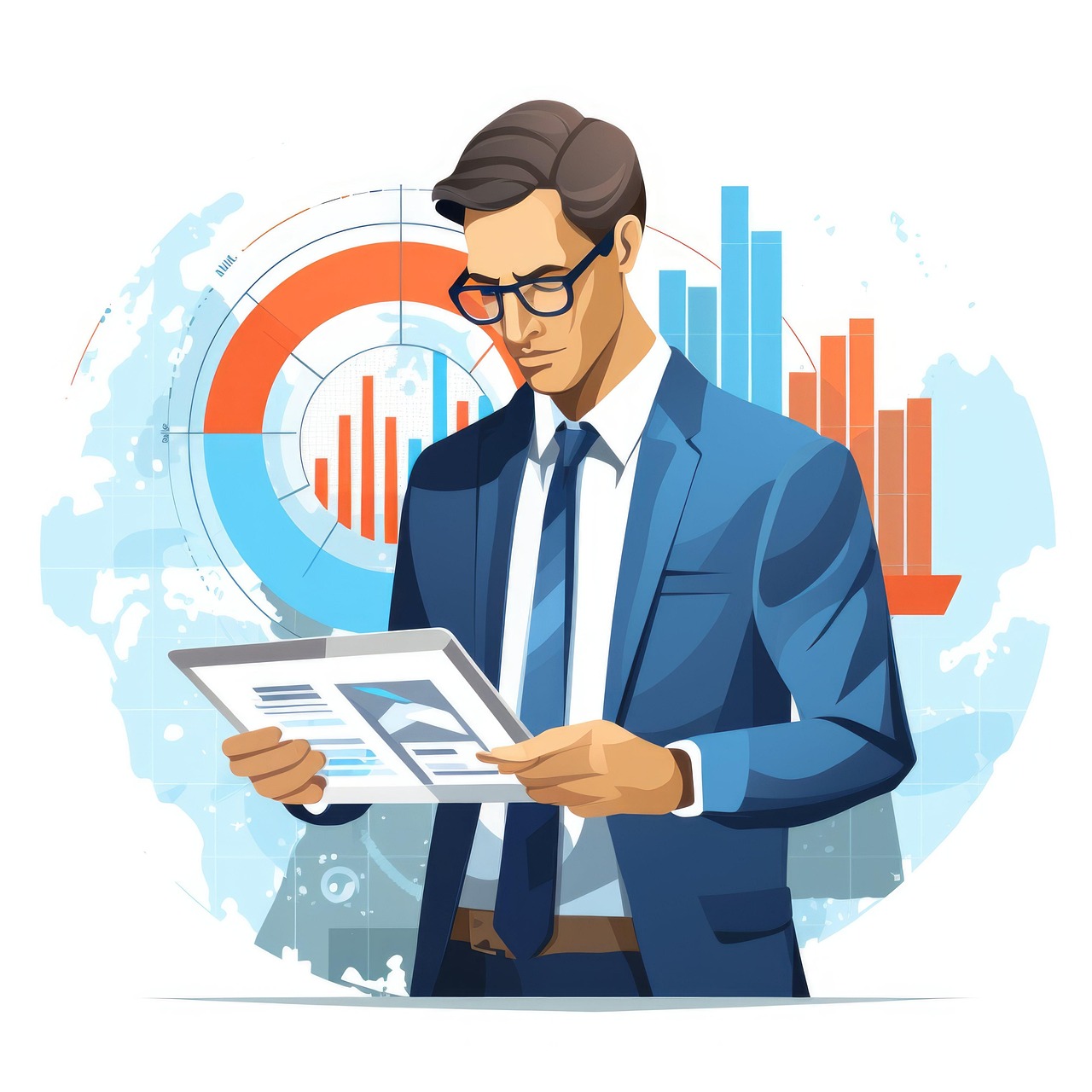 태블릿 속 그래프 보는 남자