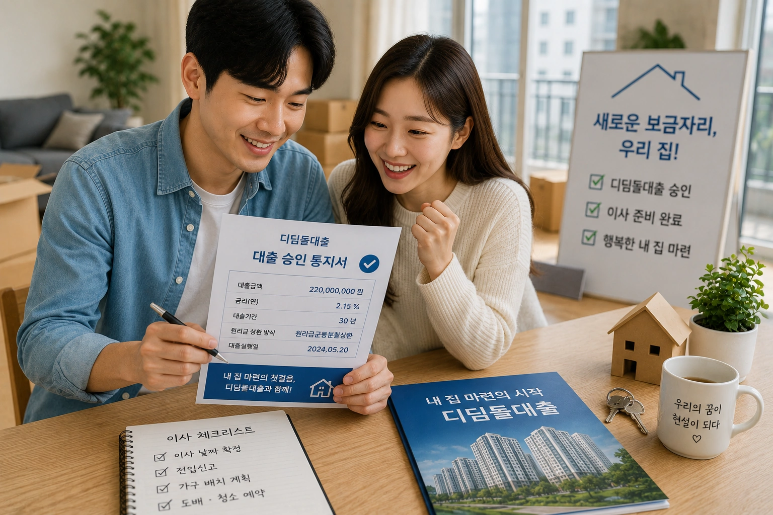 신혼부부가 디딤돌대출 승인서를 확인하며 내 집 마련을 준비하는 모습