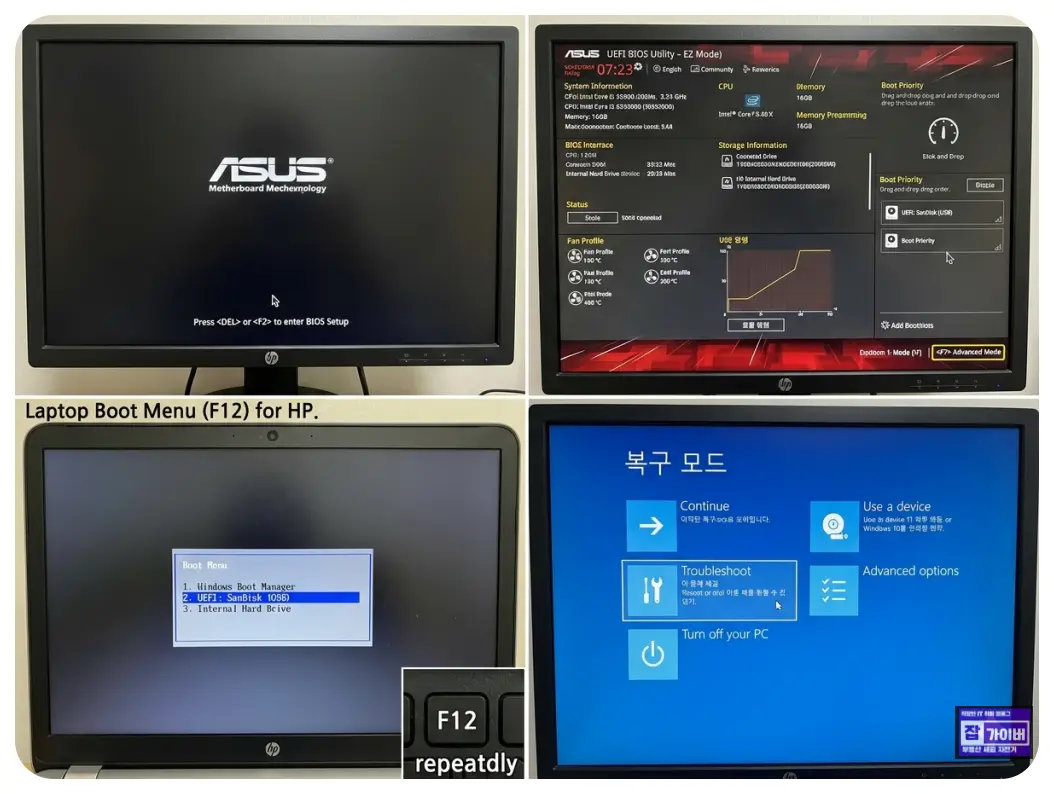 CMOS BIOS 진입과 노트북 복구모드 진입 순서를 보여주는 시퀀스 이미지