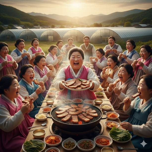 풍요로운 한국 전통 마을 광장에서 사람들이 함께 고기를 구워 먹으며 즐거워하는 모습. 모두 건강하고 퉁퉁한 체형을 가진 행복한 공동체의 모습.