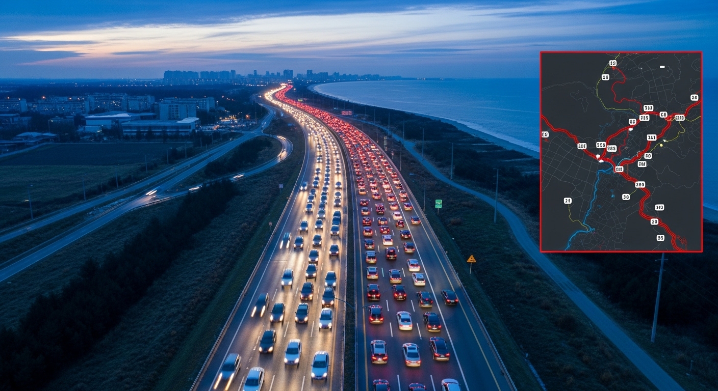 2026년 새해 일출을 보러 가는 길, 혼잡한 고속도로의 새벽 풍경과 실시간 교통 상황.