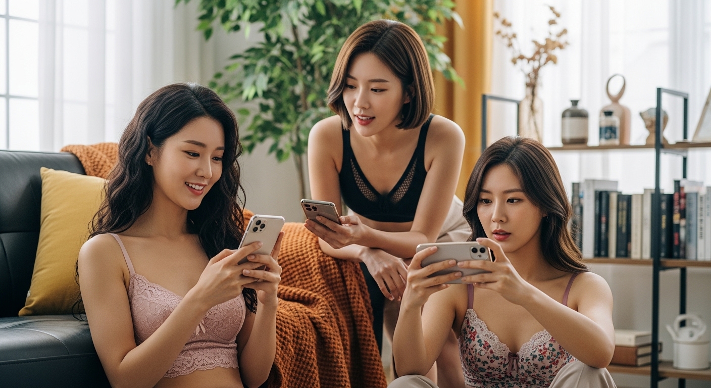 집에서 스마트폰을 보는 여자들