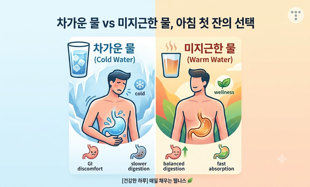 차가운 물과 미지근한 물의 아침 공복 복용 시 위장 반응 비교 일러스트