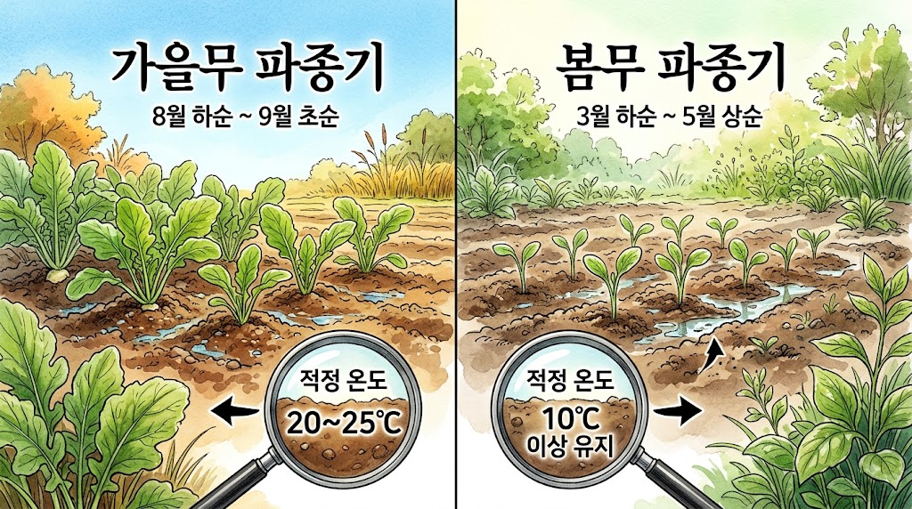 김장무와 봄무의 적정 파종 시기와 흙의 상태를 보여주는 안내 그림