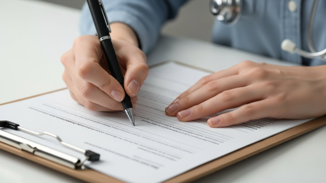 탈모 설문 문진표를 작성하는 여성의 손 클로즈업