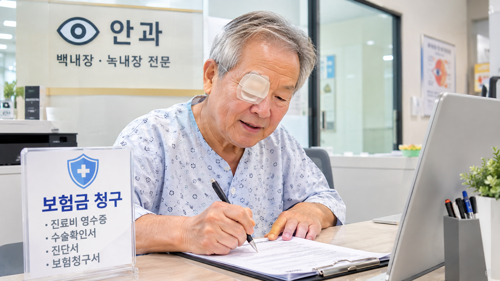 백내장수술후 서류에 글을 적고 있는이미지