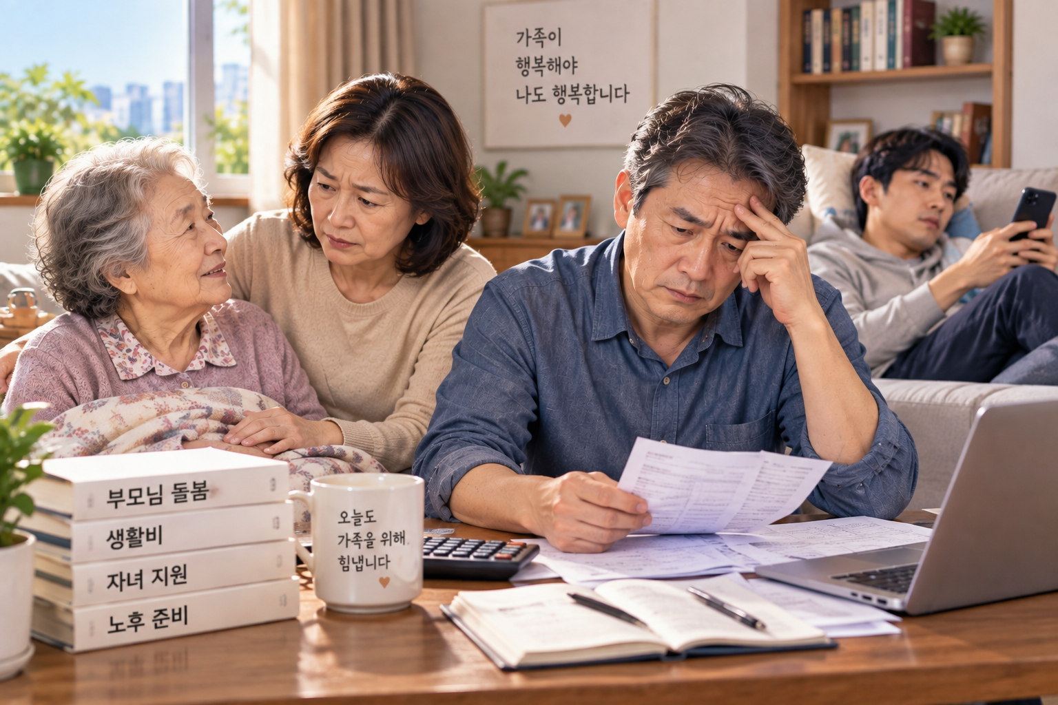 샌드위치 돌봄, 중장년 부부, 부모 돌봄, 자녀 부양, 노후 준비, 가족 돌봄