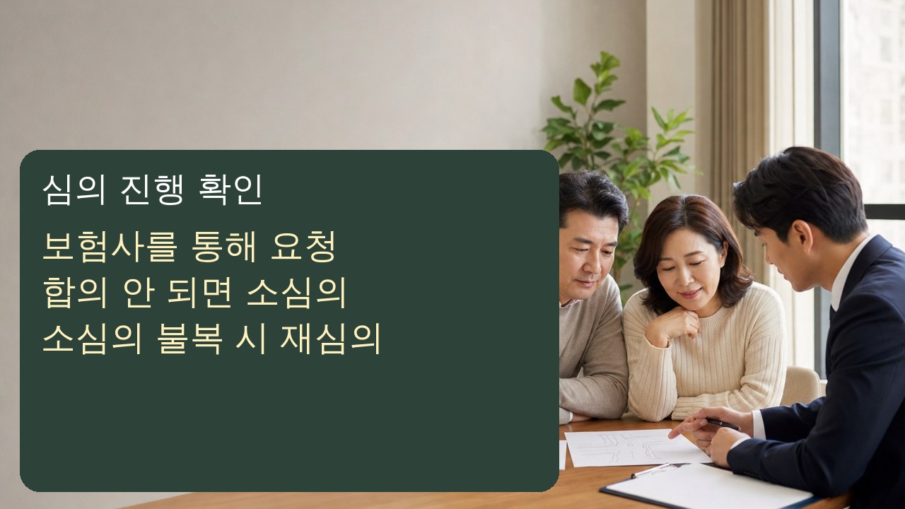 보험사 요청 대표협의 소심의 재심의 순서와 이의기한을 확인하는 자동차사고 보상 상담 장면