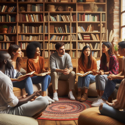 조명이 아늑한 공간에서 사람들이 책을 읽으며 원을 이루어 앉아 대화하는 모습입니다.