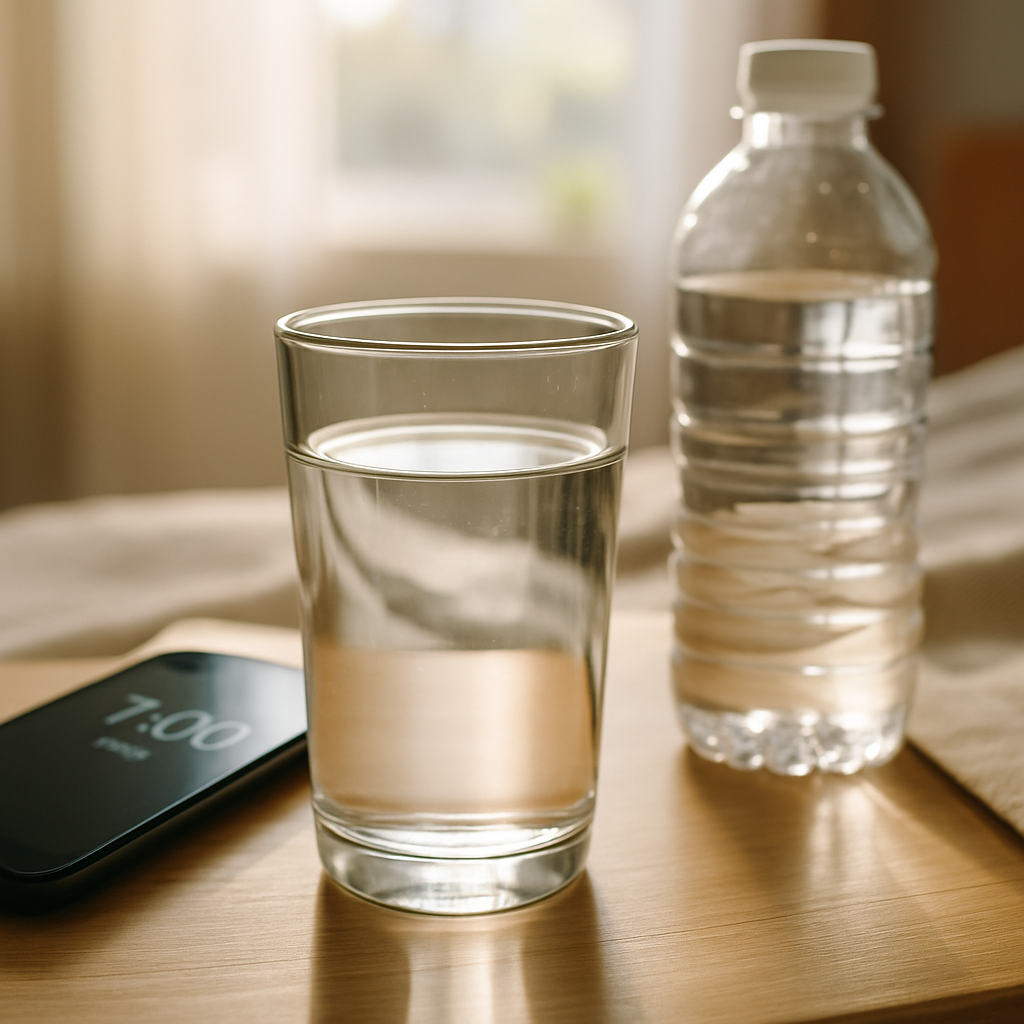 투명한 유리컵에 담긴 생수가 나무 테이블 위에 놓인 모습. 건강한 수분 섭취를 상징하는 이미지