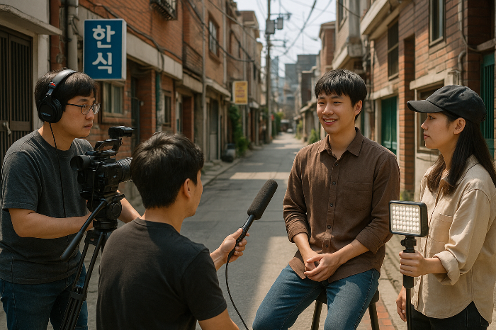 지역 크리에이터 팀이 골목에서 로컬 인터뷰 콘텐츠를 촬영하는 모습