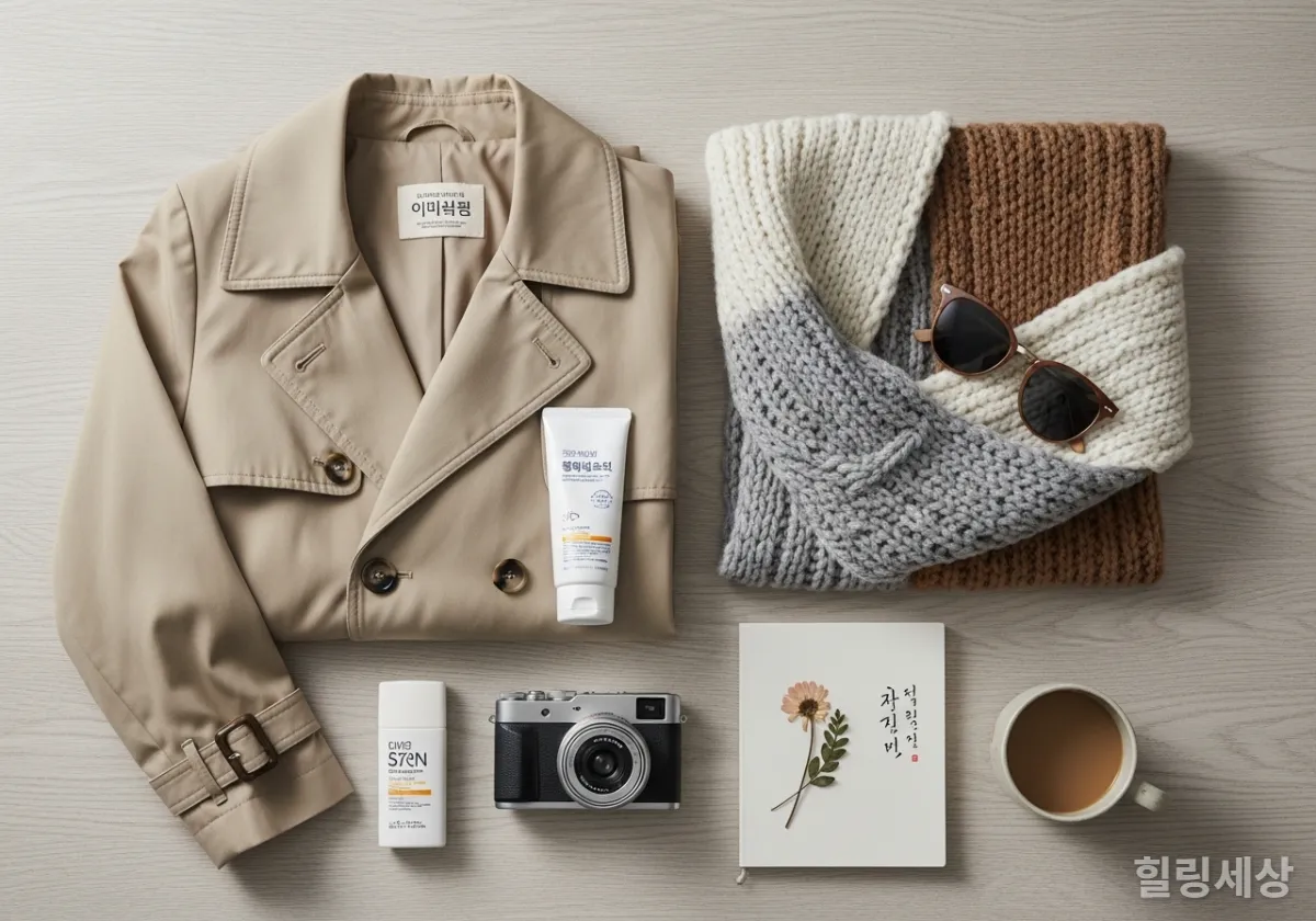 2월 제주도 여행을 위한 옷차림과 필수 준비물 플랫레이 이미지