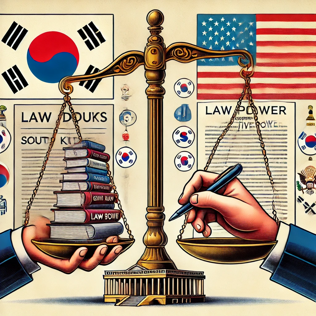 미국과 한국 대통령 권한을 비교한 상징적인 저울 그림