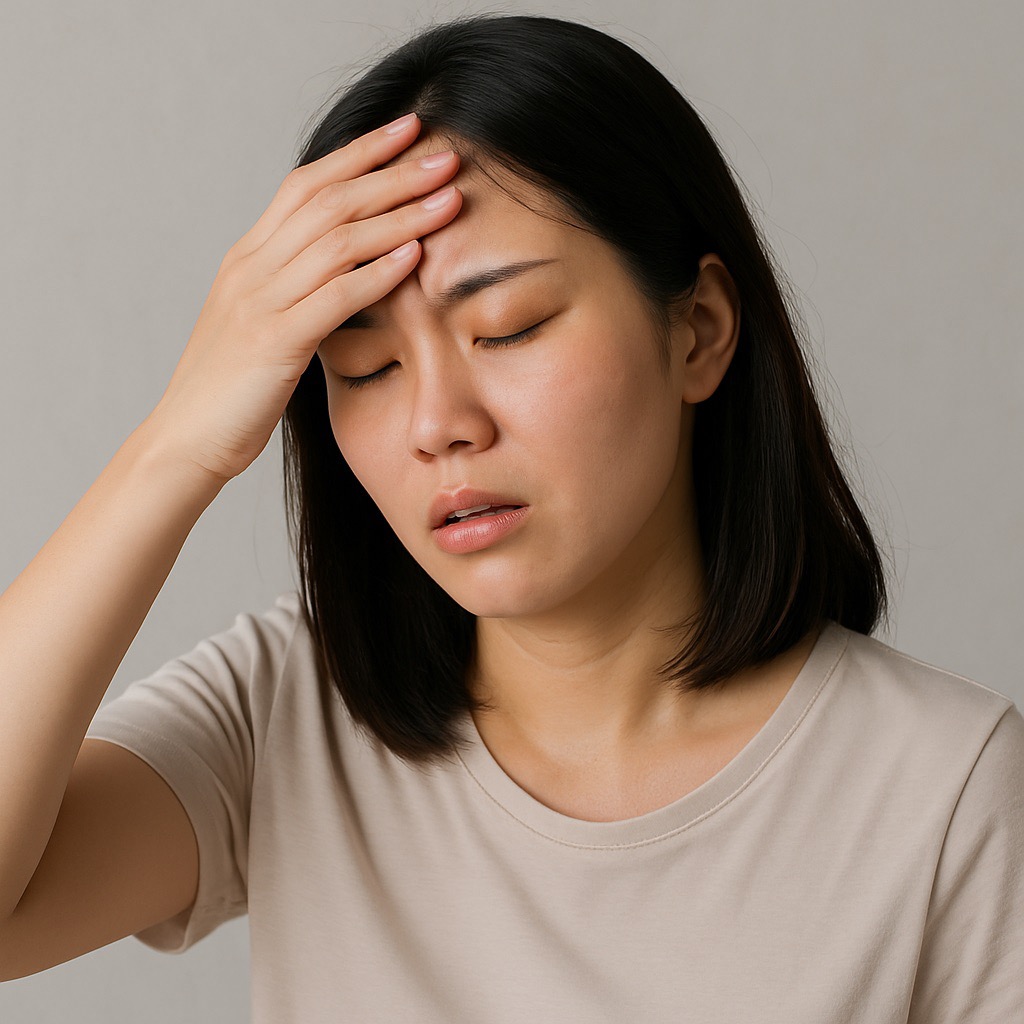 피로와 어지러움으로 이마를 짚고 눈을 감은 여성(출처: 자체제작)