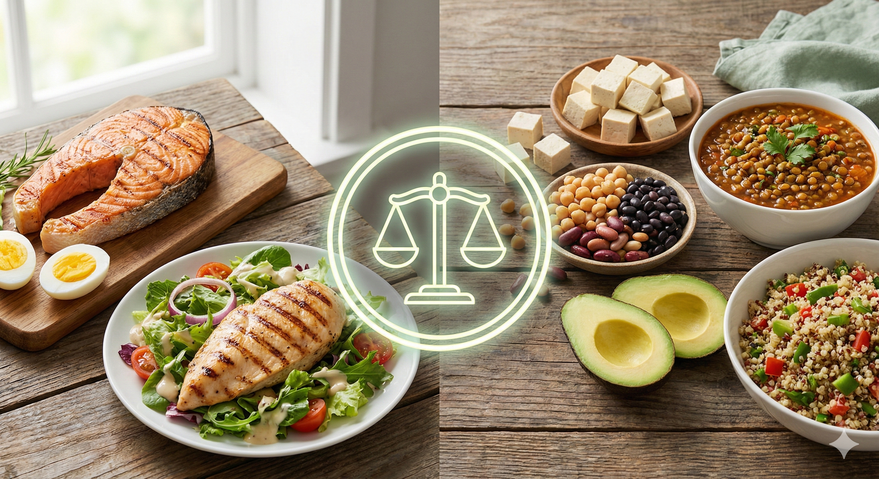 화면이 반으로 나뉘어 자연스럽게 연결된 구도. 왼쪽에는 신선한 연어 스테이크, 삶은 달걀, 닭가슴살 샐러드와 같은 동물성 단백질 식품이 먹음직스럽게 플레이팅 되어 있고, 오른쪽에는 두부, 콩, 렌틸콩, 아보카도, 퀴노아 같은 식물성 단백질 식품이 풍성하게 놓여 있다. 두 영역 사이에는 저울이나 균형을 상징하는 은은한 빛의 고리가 있어 '밸런스'를 강조한다. 전체적인 배경은 밝고 깨끗한 우드 테이블이며, 자연광이 들어와 식재료의 신선함을 부각하는 고해상도 푸드 스타일링 이미지.