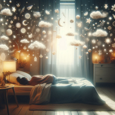 누군가 꿈을 꾸고 있는 모습을 나타내며, 주변에 구름과 별들이 떠있습니다.