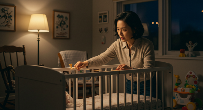 엄마가 아기 침대 난간 확인하는 장면