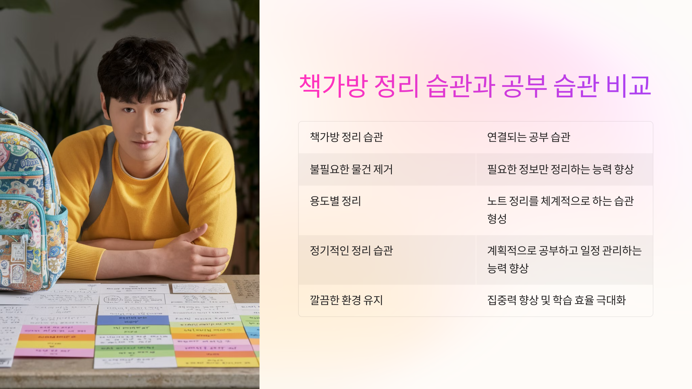 📌 책가방 정리 습관과 공부 습관 비교