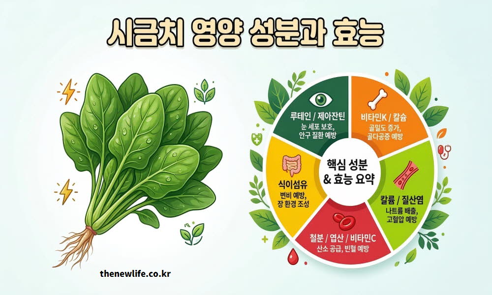 시금치 효능의 영양 성분을 요약하여 설명하는 이미지