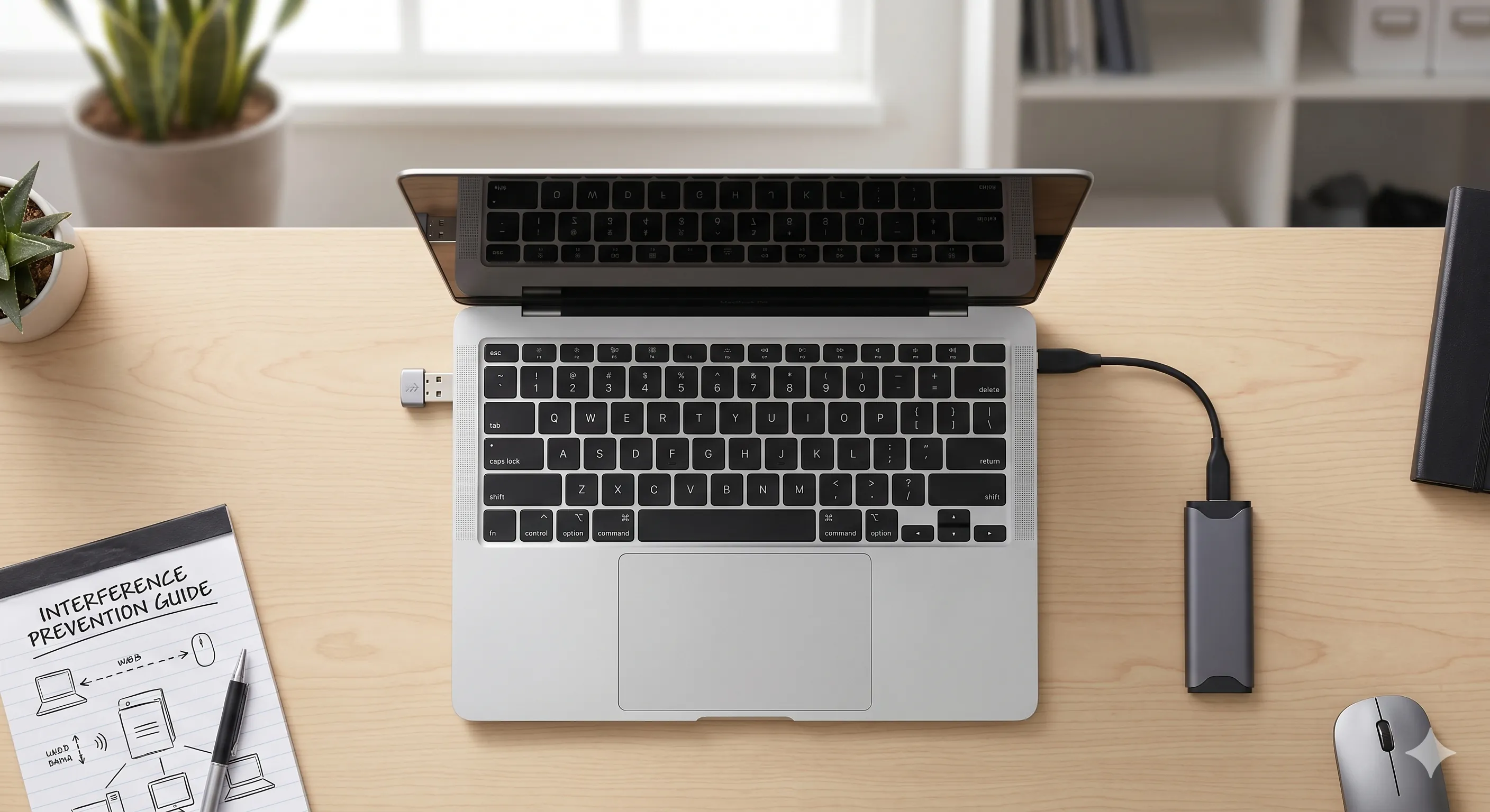 노트북 좌측 포트에는 무선 동글을, 우측 포트에는 외장하드를 배치하거나 다이소 USB 연장선을 이용해 동글을 대피시킨 실물 배치 가이드 묘사