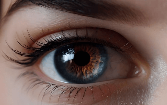 백인 여자의 커다한 한쪽 눈을 확대했다. 속눈썹은 매우 길고 눈동자는 푸른색이며 동공은 까맣다.