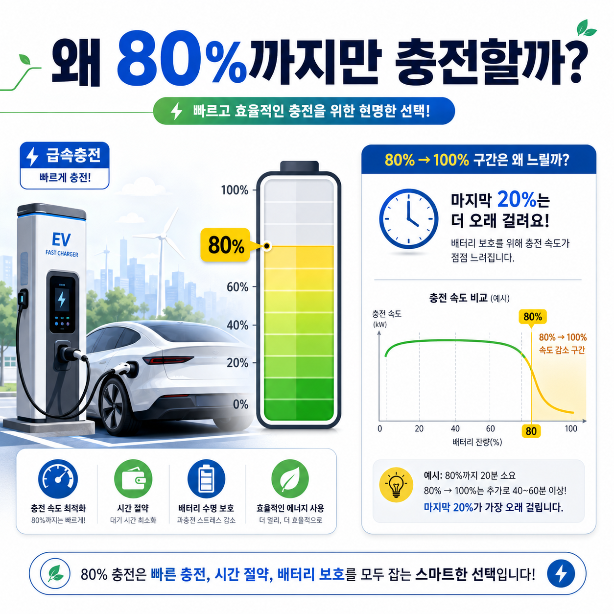 전기차 급속충전 중 배터리 80퍼센트와 100퍼센트 충전시간 차이를 비교하는 모습