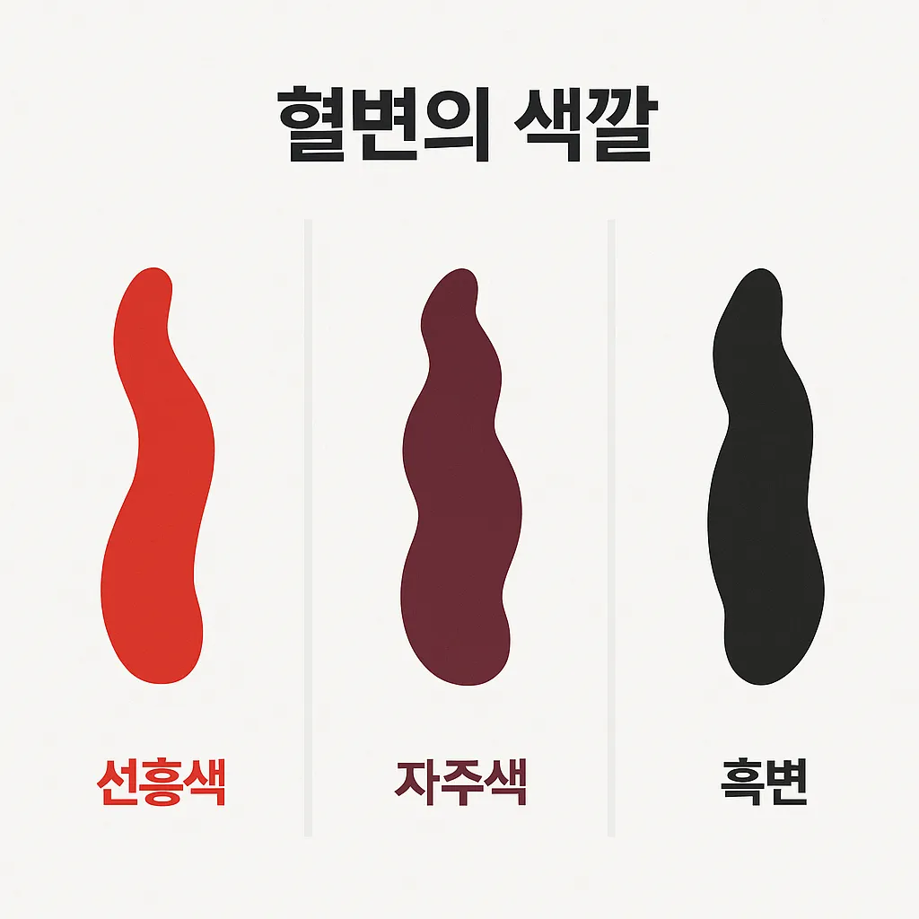 선홍색&amp;#44; 자주색&amp;#44; 흑변의 혈변 색깔을 비교한 그래픽 이미지